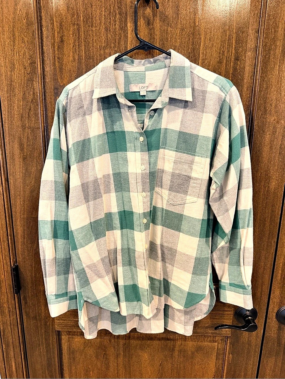 LOFT Plaid Cotton Button Down in Green & White Size Small
